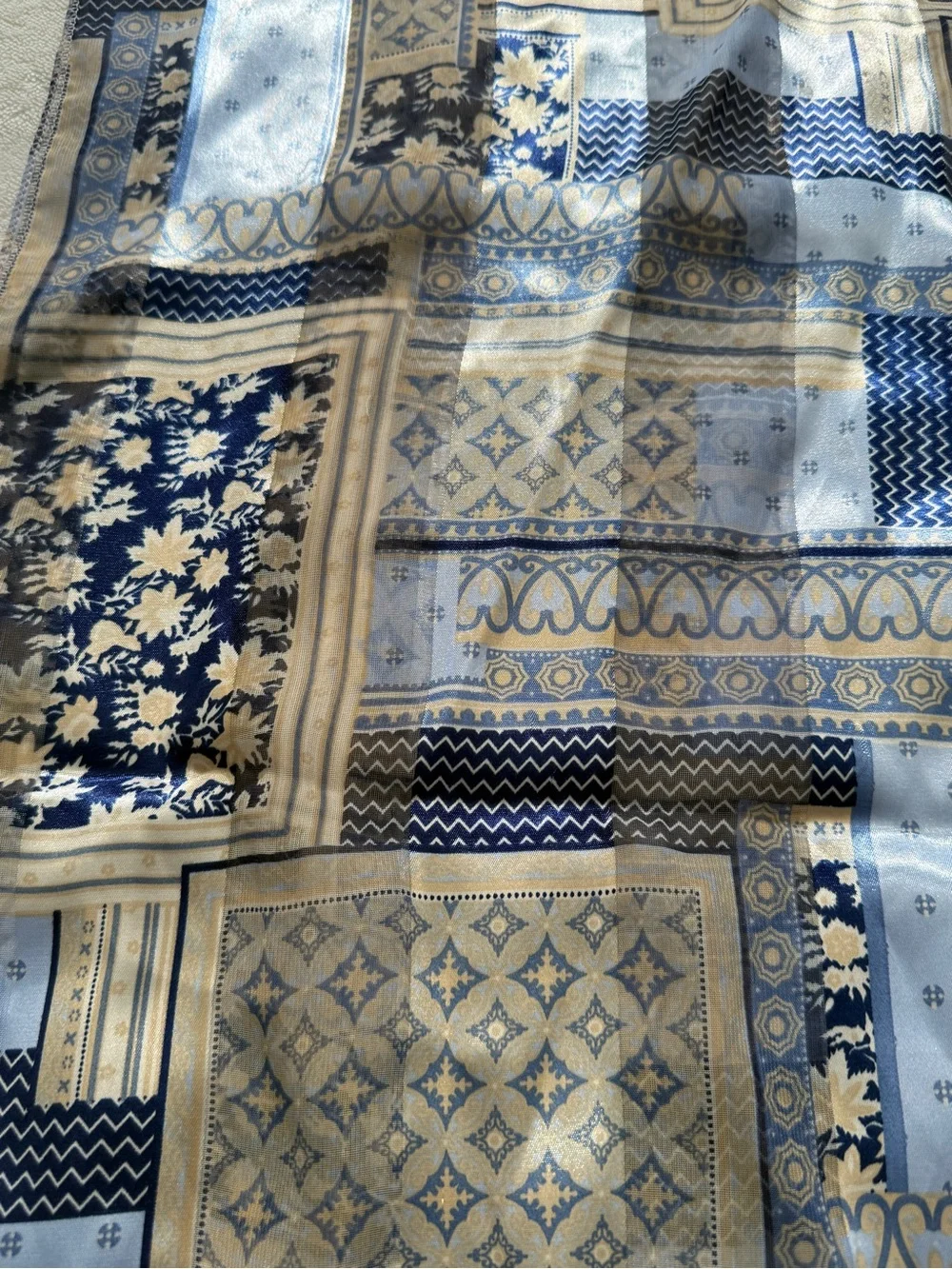 Vintage Silk Feel Patchwork Geometric Scarf Blue Multi Sheer Oblong